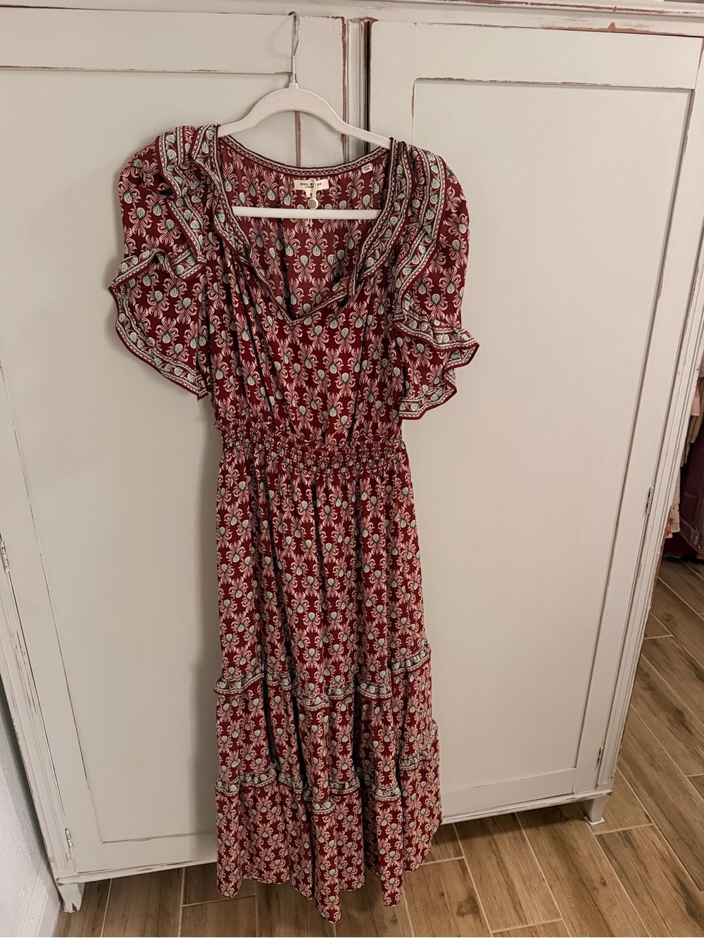 Max Studio Red Floral Maxi Dress with Sage Accents